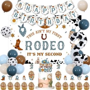 Joymemo My 2nd Rodeo Decorations - خلفية عيد ميلاد الصبي الثانية ، Retro Blue Brown ، Cake & Cupcake Toppers ، رعاة البقر ، رقم 2 بالون