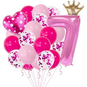 25pcs Pink Number Balloons Pink Balloons Heart Crown Foil Balloons Party Women' Girls' Birthday Decoration Supplies (Number-5)