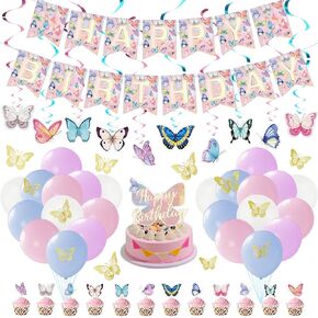 Butterfly Party Decorations - Happy Birthday Banner, Macaron Balloons, 3D Butterfly Stickers, Cake Topper, Spring Hanging Swirls for Girls Party Garden Backdrop Supplies