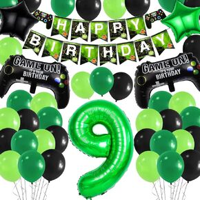 مجموعة أعياد عيد ميلاد لعبة الفيديو التاسعة تشمل لعبة Banner Banner Banner Banner Balloons البالونات Green Black Stars Aluminium Poilons Decorations ...