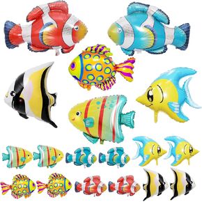 18 Pcs Large Tropical Fish Balloons Set, Foil Inflatable Fish Balloons Ocean Animal Fish Party Decorations Mylar Balloons for Oceans Under the Sea Themed Kids Birthday Baby Shower Party Decorations