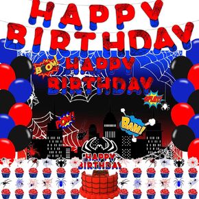 Super Spider Hero Birthday Supplies ، Spider Web Man Party Decoritions تشمل Backdrop Banner Cake Topper Party Ballons for Cartoon City Super Heros Party