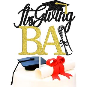 It's Giving BA Cake Topper, Congratulations BA, Congrats Grad/Bachelor of Arts Cake Decor, Class of 2025 College Graduation Party Decorations Supplies, Black Glitter