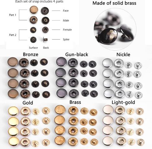WUTA 20 Sets Sewing Snaps Solid Brass Snap Fasteners Press Studs Poppers Clothing Bag Jacket Leather Craft Buttons for Clothes, Jackets, Jeans Wears, Bracelets, Bags, Gold (8mm/0.31 inch) in Saudi Arabia
