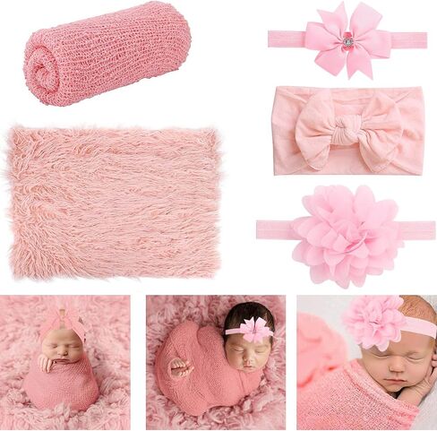 AOKE 5 PCS Newborn Photography Wrap Props Kit, Newborn Photo Props Long Ripple Wraps DIY Blanket with Flower Headbands, Purple Toddler Baby Photography Props Mat Set for Baby Boys and Girls in Saudi Arabia