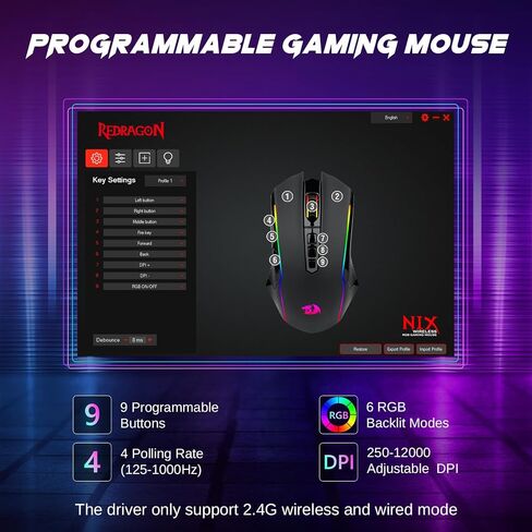 Redragon Gaming Mouse, Wireless Mouse Gaming with 8000 DPI, PC Gaming Mice with Fire Button, RGB Backlit Programmable Ergonomic Mouse Gamer, Rechargeable, 70Hrs for Windows, Mac Gamer, Black in Kuwait