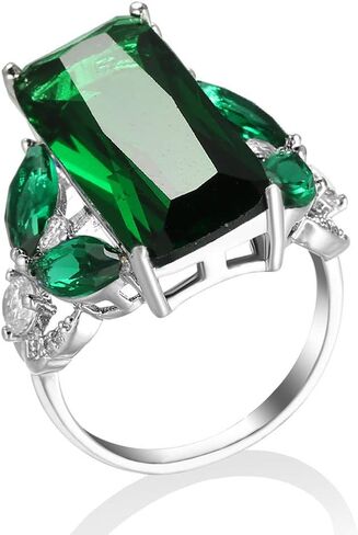 Huge Lab-Grown Green Gemstone Ring Emerald Cut CZ Cubic Zirconia with Marquise Side Stones Fashion Women's Wedding Engagement Anniversary Ring (US size 7) in Saudi Arabia