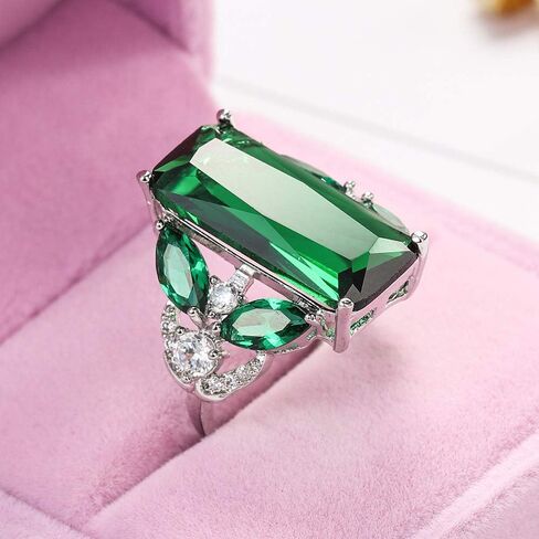 Huge Lab-Grown Green Gemstone Ring Emerald Cut CZ Cubic Zirconia with Marquise Side Stones Fashion Women's Wedding Engagement Anniversary Ring (US size 7) in Saudi Arabia