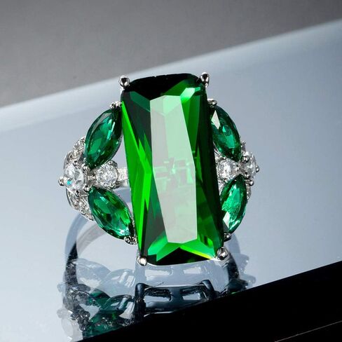 Huge Lab-Grown Green Gemstone Ring Emerald Cut CZ Cubic Zirconia with Marquise Side Stones Fashion Women's Wedding Engagement Anniversary Ring (US size 7) in Saudi Arabia
