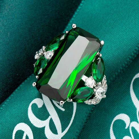 Huge Lab-Grown Green Gemstone Ring Emerald Cut CZ Cubic Zirconia with Marquise Side Stones Fashion Women's Wedding Engagement Anniversary Ring (US size 7) in Saudi Arabia