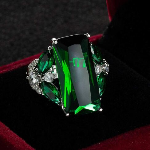 Huge Lab-Grown Green Gemstone Ring Emerald Cut CZ Cubic Zirconia with Marquise Side Stones Fashion Women's Wedding Engagement Anniversary Ring (US size 7) in Saudi Arabia