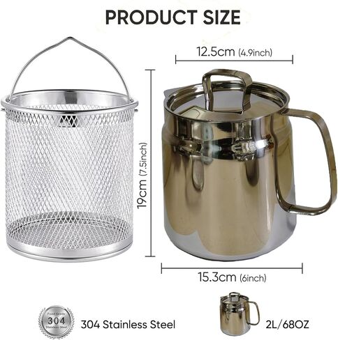 68oz/2L 304 Stainless Steel Oil Filter Pot with Strainer And Deep Fryer Basket for Kitchen & Camping. Kitchen Mini Oil Fryer & Filter Cup Combo,Pasta Vegetable Pot for One,Suits All Stoves. (Matte) in Saudi Arabia