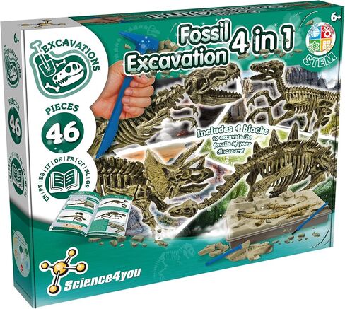 Science4you Dinosaur Fossil Exhavation Kit 4 in 1 - مجموعة الحفر الأحفورية للأطفال ، بناء 4 أحافير ديناصور ، 46 قطعة ، مجموعة علم الآثار ، مجموعة الصيد - ألعاب الديناصورات ، ألعاب الأولاد والبنات 6+ in Kuwait