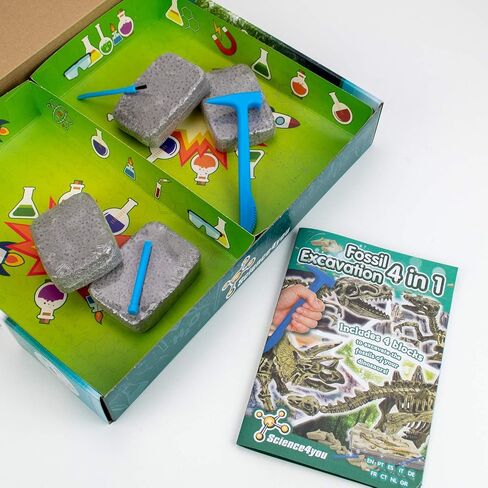 Science4you Dinosaur Fossil Exhavation Kit 4 in 1 - مجموعة الحفر الأحفورية للأطفال ، بناء 4 أحافير ديناصور ، 46 قطعة ، مجموعة علم الآثار ، مجموعة الصيد - ألعاب الديناصورات ، ألعاب الأولاد والبنات 6+ in Kuwait