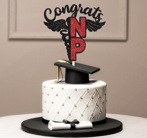 Congrats NP Cake Topper, 2025 Nursing School Survivor Decor, Congrats NP Grad, 2025 NP Grad Cake Decor, Nurse Graduation Party Decorations Black & Red Glitter in Saudi Arabia