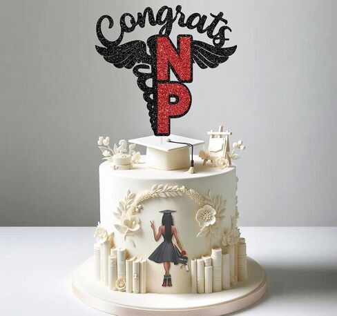 Congrats NP Cake Topper, 2025 Nursing School Survivor Decor, Congrats NP Grad, 2025 NP Grad Cake Decor, Nurse Graduation Party Decorations Black & Red Glitter in Saudi Arabia