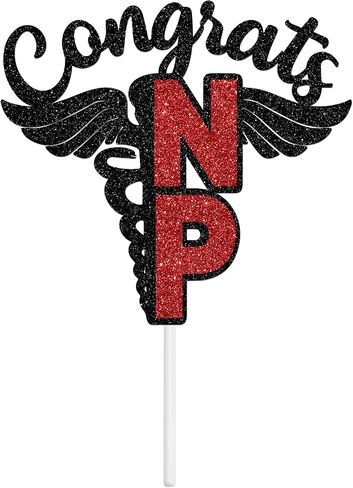 Congrats NP Cake Topper, 2025 Nursing School Survivor Decor, Congrats NP Grad, 2025 NP Grad Cake Decor, Nurse Graduation Party Decorations Black & Red Glitter in Saudi Arabia