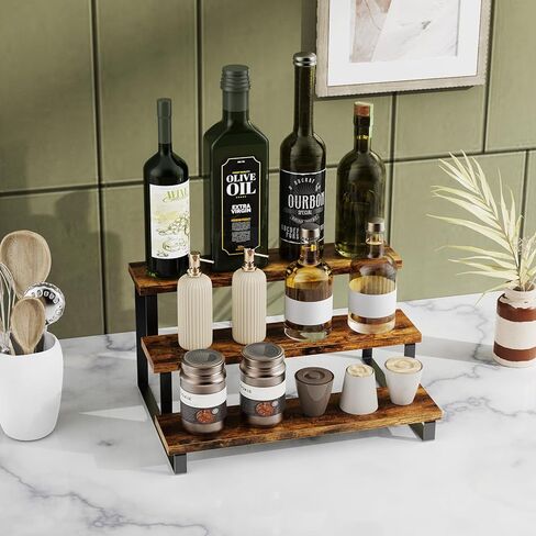 حامل عرض خشبي، منظم خزانة من 3 طبقات، رف عرض موسع، رف المطبخ، رف منظم العطور، حامل للحفلات، المكياج، الشكل، مجموعة الدمى، التوابل in Kuwait
