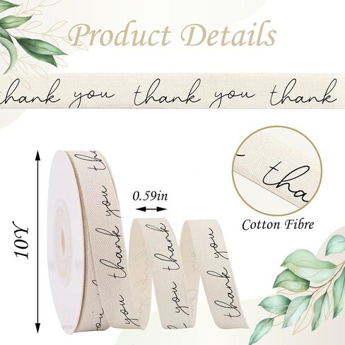 Thank You Cotton Twill Tape Ribbon，5/8 Inch x 10Yard Natural Cotton Herringbone Ribbons for Birthdays Anniversaries DIY Crafts Baking Sewing Crafts Home Decor in Saudi Arabia