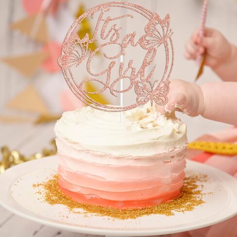 Rose Gold Glitter It's A Girl Cake Topper, Welcome Baby Girl/A Little Butterfly is on the Way, Butterfly Themed Baby Shower Party Decorations Supplies for Baby Girls in Saudi Arabia
