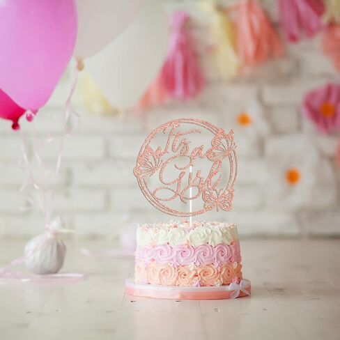 Rose Gold Glitter It's A Girl Cake Topper, Welcome Baby Girl/A Little Butterfly is on the Way, Butterfly Themed Baby Shower Party Decorations Supplies for Baby Girls in Saudi Arabia