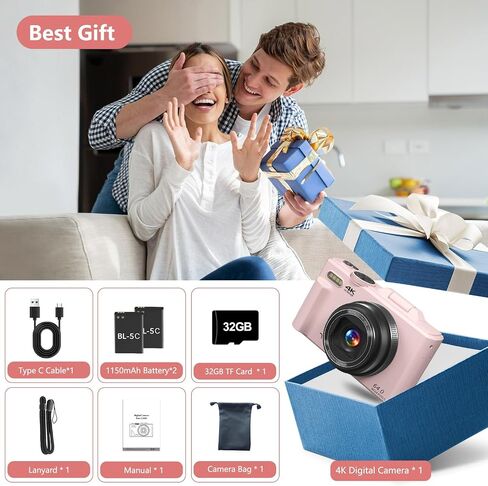 Digital Camera for Photography, 4K Vlogging Camera for YouTube 3" 180° Flip Screen 18X Digital Zoom Compact Retro Camera with 32GB TF Card & 2 Batteries, Black in Kuwait