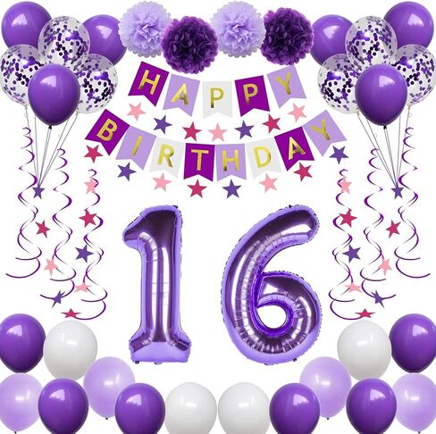 16th Birthday Decorations for Girls, Purple 16 Happy Birthday Balloons Supplies Including Purple Happy Birthday Banner, Purple 16 Number Balloons, Purple Pink Star Streamers, Hanging Swirls in Kuwait