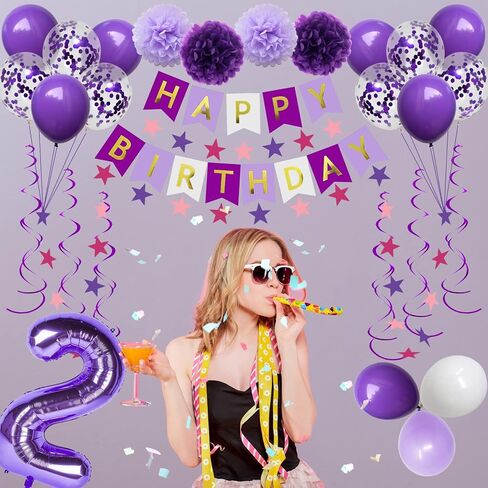 16th Birthday Decorations for Girls, Purple 16 Happy Birthday Balloons Supplies Including Purple Happy Birthday Banner, Purple 16 Number Balloons, Purple Pink Star Streamers, Hanging Swirls in Kuwait