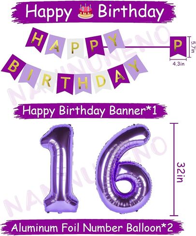 16th Birthday Decorations for Girls, Purple 16 Happy Birthday Balloons Supplies Including Purple Happy Birthday Banner, Purple 16 Number Balloons, Purple Pink Star Streamers, Hanging Swirls in Kuwait