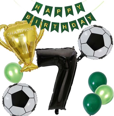 Soccer Balloons 7th Birthday Decorations, Black Gold Soccer Trophy Foil Number 7 Balloon, Green Birthday Banner 7 Years Old Boys World Cup Birthday Soccer Theme Party Decoration Supplies(7th) in Kuwait