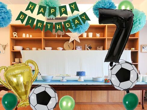 Soccer Balloons 7th Birthday Decorations, Black Gold Soccer Trophy Foil Number 7 Balloon, Green Birthday Banner 7 Years Old Boys World Cup Birthday Soccer Theme Party Decoration Supplies(7th) in Kuwait