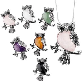 PH PandaHall 6pcs Owl Crystal Stone Pendants Owl Charms for Crafts, Antique Silver Tibetan Alloy Owl Pendants Natural Stone Pendants Lucky Owl Gift for Necklace Jewelry Making, 46.5x35.5mm