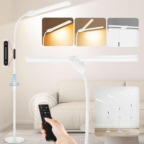 OUTON LED Floor Lamp with Double Head, 18W 1800LM, Super Wide & Bright, Height Adjustable, Remote & Touch Control, Memory Function, Dimmable Standing Lamp for Reading, Working, Sewing, Silver Grey