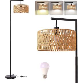 Boho Rattan Floor Lamp, Adjustable Height Bohemian Floor Lamps, Dimmable Standing Lamp with Remote Control, Rustic Lighting for Living Room, Bedroom, or Office (Brown, Oval)