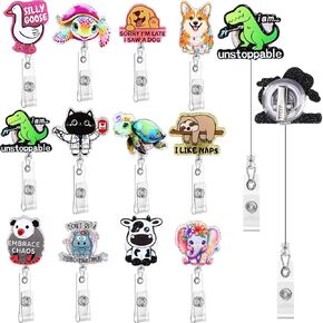 Geelin 12 Pcs Funny Badge Reel Bulk Nurse Cute Animal Acrylic Retractable Badge Reels Holder with Alligator Clip Cool ID Tag Card Holder Clips Accessories for Nurse Doctor Teacher Medical Worker