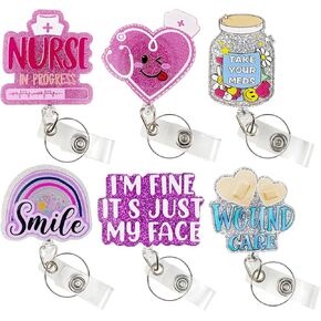 Nurse Badge Reel 6 Pack Cute Funny Retractable Nursing ID Badge Holder Heavy Duty with Swivel Alligator Clip and Key Ring for Nurses Doctor Medical Assistant RN LPN CNA (Nurse)