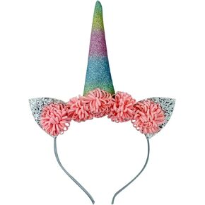 Needzo Rainbow Unicorn Headband with Roses, Horn, Ears, Cute Hair Piece Accessory For Costume or Birthday Party Supplies, One Size Fits Most