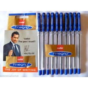 10 × Cello Fine Grip بدون توقف للكتابة Ball Point Pen Blue Ink Write Ballpoint Pen # Brand AD من قبل لاعب الكريكيت الهندي Mahindera Singh Dhoni