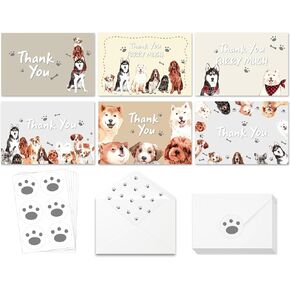Whaline 36Pcs Dog Thank You Card Set with Envelopes and Stickers Cute Puppy Blank Greeting Notecard Bulk for Birthday Wedding Baby Shower Bridal Shower Party Favors, 6 Styles