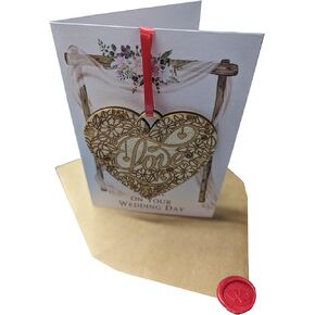 Wedding Card with Rustic Wooden Heart Shaped Pendant on the front with Detailed Engraving and the word "Love" inscribed