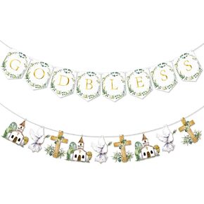 2 PCS أول شركة Holy Compleion Gold Glitter Plitt Banner Decorations Decorations المعمودية بارك الله بارك لافتة تعميد ديكورات تأكيد ديكورات الأطفال لافتات الطفولة طفل دش فتاة