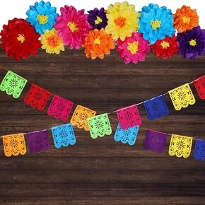 TAOBARY 15 PCS زخارف الحفلات المكسيكية مجموعة الأنسجة الزهور 71 × 43 في المكسيك فييستا ملون خطوط خلفية PAPEL PICADA لافت