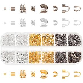 Sunnyclue 1 Box 640pcs Tips Bead Tips Contips & Crimp Beads End Tips & Fold Over Bead Terminators Crimp Caps & Wire Guardian Cable Protector & Tube Crimp Beads Make Jewelry Making ، Silver & Golden