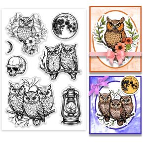 PH Pandahall Owl Moon Clear Clear Stamps Skull Oil Lamp Silicone Clear Stamp Owl Plower Displate Rapparent Rubber Stamps Seals for Halloween Making Photo Decor 6.3x4.3 Inches