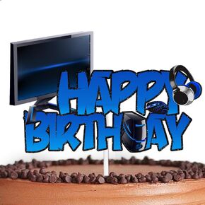 Blue Glitter Computer Happy Birthday Cake Topper Pick for Intelligence Computer Theme Party Decoration Supplies Baby Shower Boys Girls Happy Birthday Party Decor