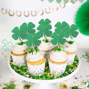12PCS St Patrick's Day Cupcake Toppers - Four Leaf Clover Birthday Party Decorations,Green Glitter Shamrock Cupcake Toppers,St. Patrick's Day Party Decor,Clover Lucky One Birthday Cake Toppers