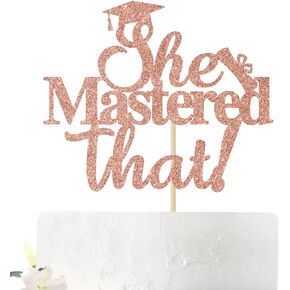 She Mastered That Cake Topper, She Did It/One Degree Hotter, Master Degree Graduation Party Decorations Supplies for Her, Rose Gold Glitter
