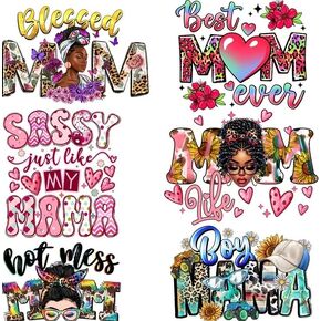 Mother's Day 6pcs Iron-On Heat Transfer Patches. Mom, Mama Direct to Film Iron on Vinyl Decals for T-Shirts, Jeans & Crafts.