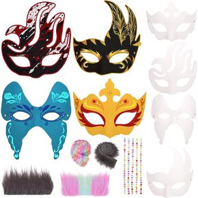 Therian Masks Cat Fox Mask with Fur and Colorful Gemstone,Therian Dress Up Mask Painting