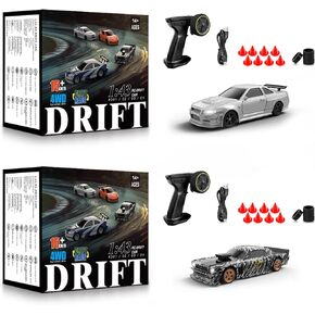 2 Pcs RC Drift Car, 1/43 Scale 2.4GHz Full Proportional Mini RC Remote Control Sports Car, 4WD High Speed Race Car with Lights, Racing Tires, RC Model Cars Toy Gift for Adults, Kids, Boys, Girls